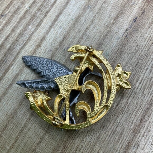 J.J. Hummingbird Vintage Flowers Pewter Gold Tone Pin Brooch - Picture 4 of 5